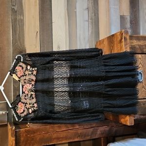 Maeve Anthropologie Medium Black Long Sleeve Lace Dress Floral Embroidered Neck